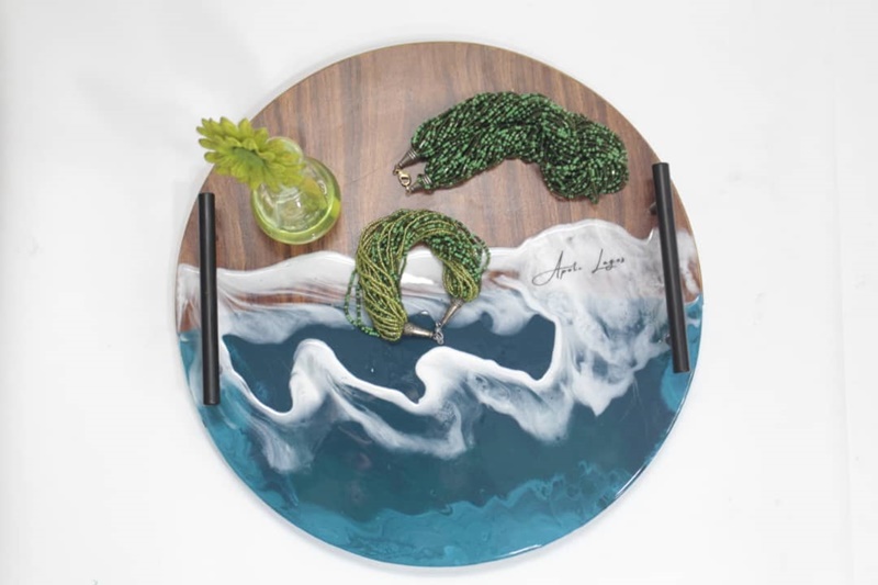 Ocean Wave Wood and Resin Decor Tray